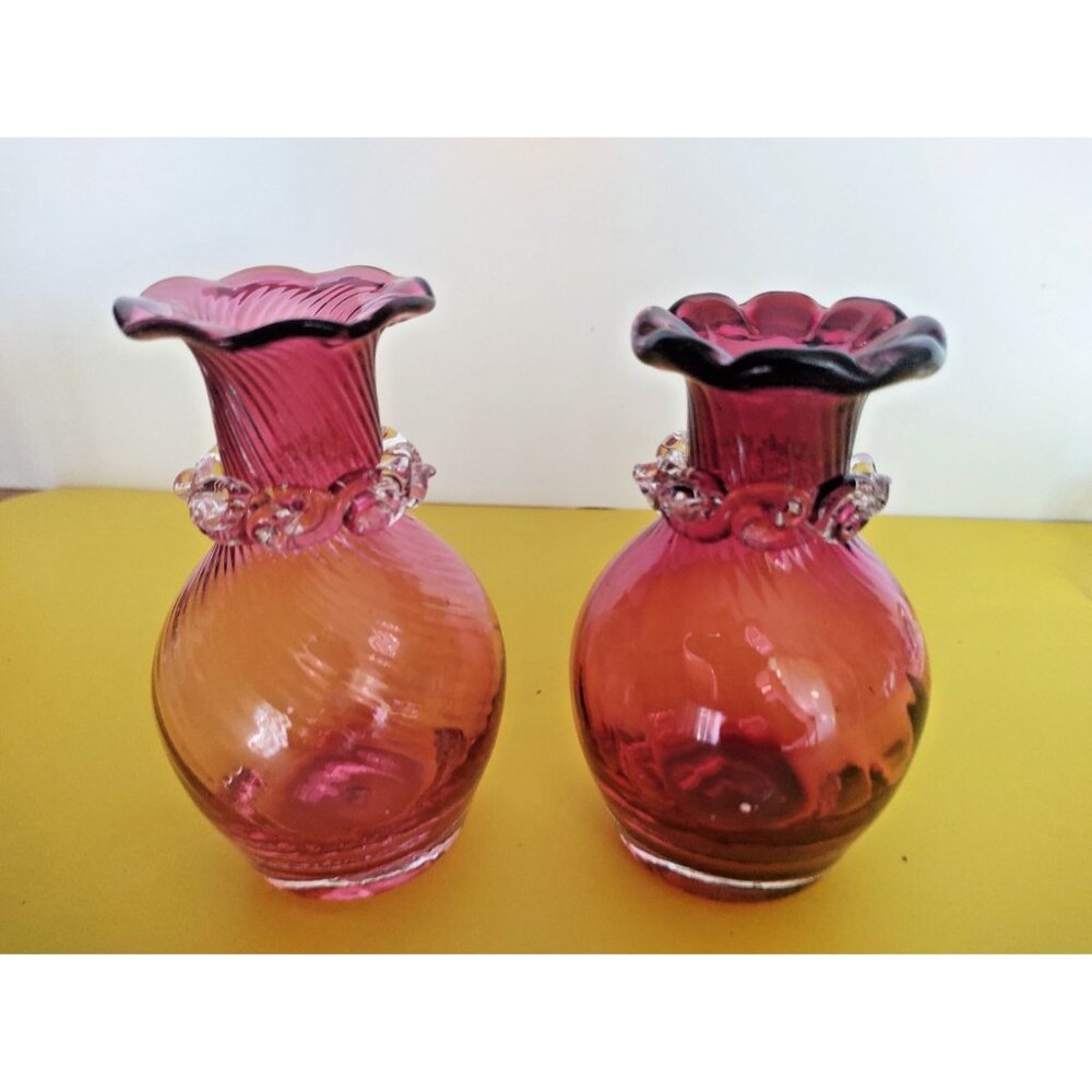 Two Vintage Pilgrim Glass USA  Red Swirl Bud Vases Applied Ribbon Hand Blown